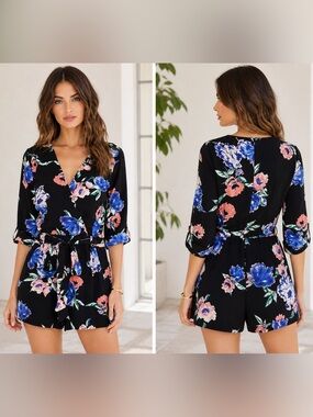 Yumi Kim Ivy Blossom Silk Floral Romper Black Wrap Style Belted Shorts Size XS